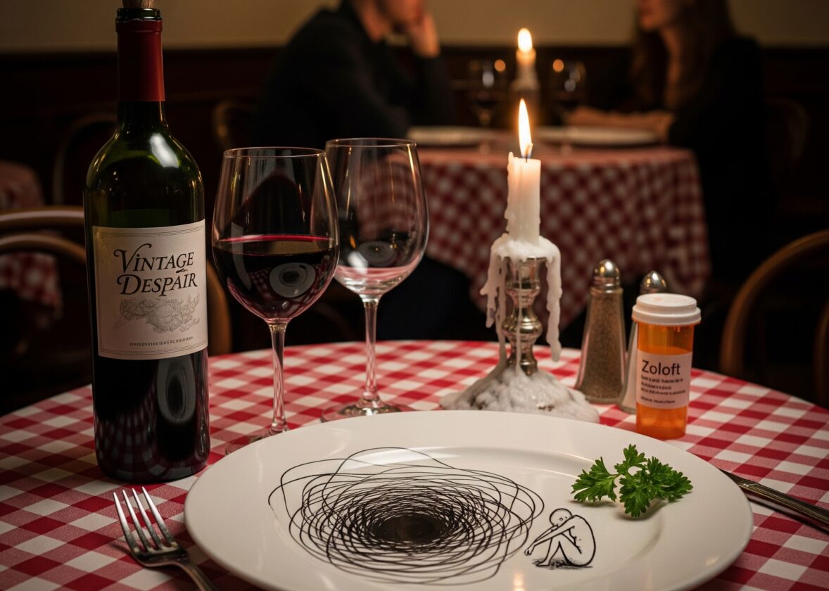 ROMANCE, RED WINE, AND A PLATE OF EXISTENTIAL DREAD: Pair with wine, perspective, and possibly Zoloft.